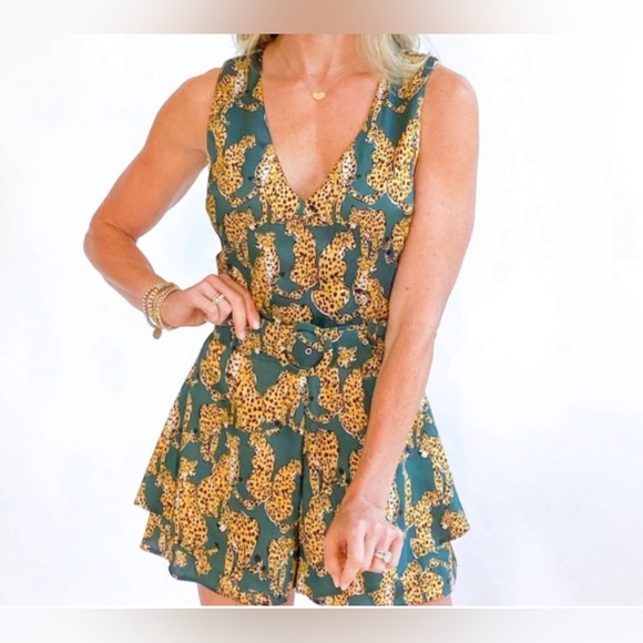 Lavender Brown silky Leopard print and green belted romper - Picture 4 of 8